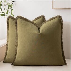 Euro Sham Olive Green Throw Pillow Covers with Fringe 2-Pack